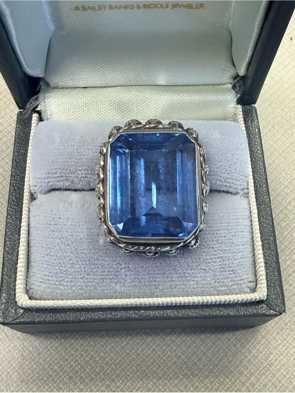 Handmade Sterling Silver Blue Ring - Bold Emerald Cut Blue Stone